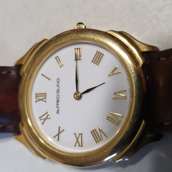 Alfred Sung Women's Watch. Goldtone with Brown Band. - Picture 3 of 4